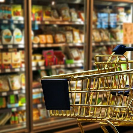 Einkaufswagen vor Kühlregal mit Getränken